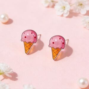Dainty S925 Pink Summer Ice Cream Cone Stud Earring